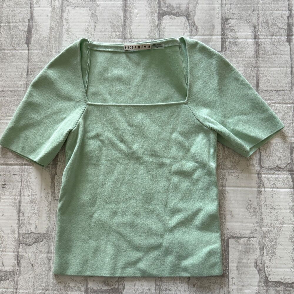 Alice + Olivia Mint Green Square Neck Knit Top Fitted Stretchy Dreamy Feminine S
